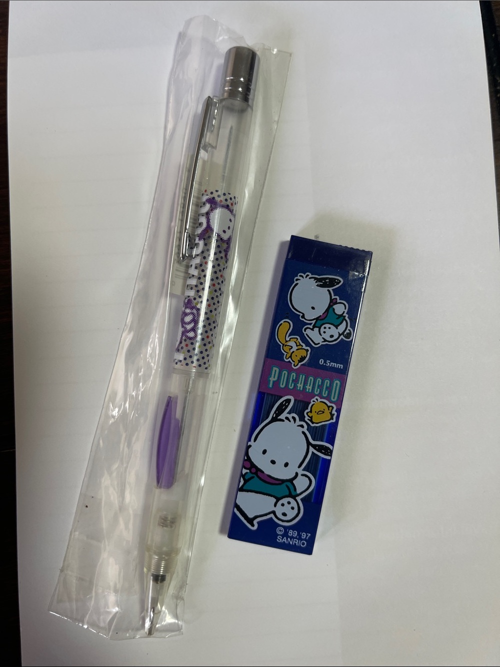 Vintage Sanrio Pochacco Clear Barrel Pen & Refill Set — Purple, White, Blue